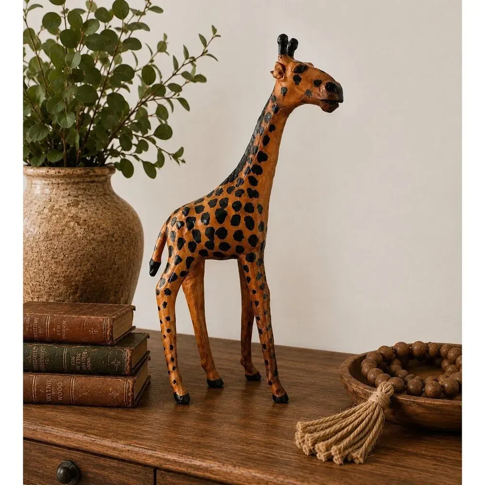 Hand Carved Leather Giraffe Figurine 15” African Safari Animal Sculpture Kenya